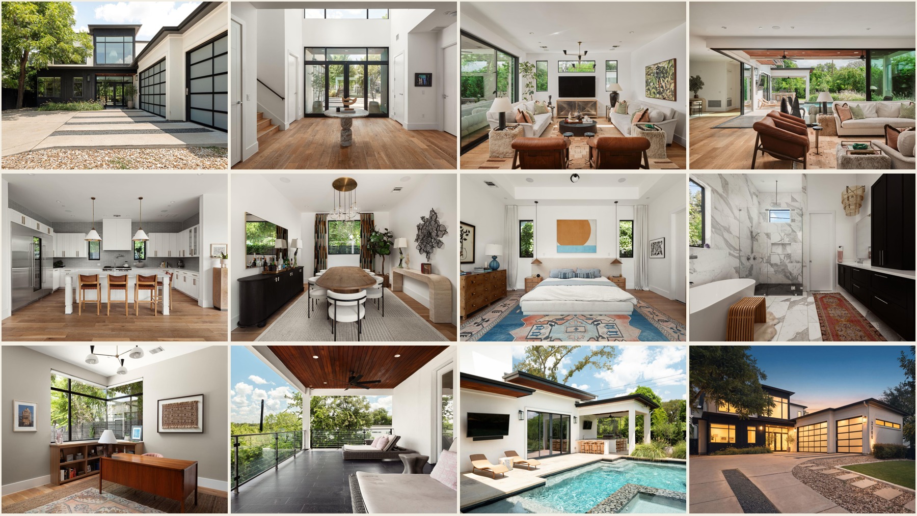 Twelve source photos: exterior, living room, dining room, kitchen, bathroom, bedrooms and backyard